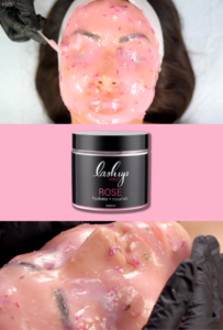 A graphic that shows a jellymask bottle in the middle as well as two photos showing application of that product onto a woman's face.